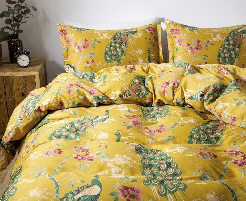 Eikei Chinoiserie Chic Peacock Floral Duvet Cover Paradise Garden Botanical Bird and Tree Branches Vintage Stylized Long Staple Cotton Bedding Set (Queen, Citrine) - Image 3